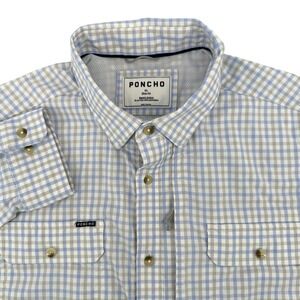 Poncho Outdoors Mens XL Slim Fit Blue Gingham Magnetic Pocket Shirt Vented